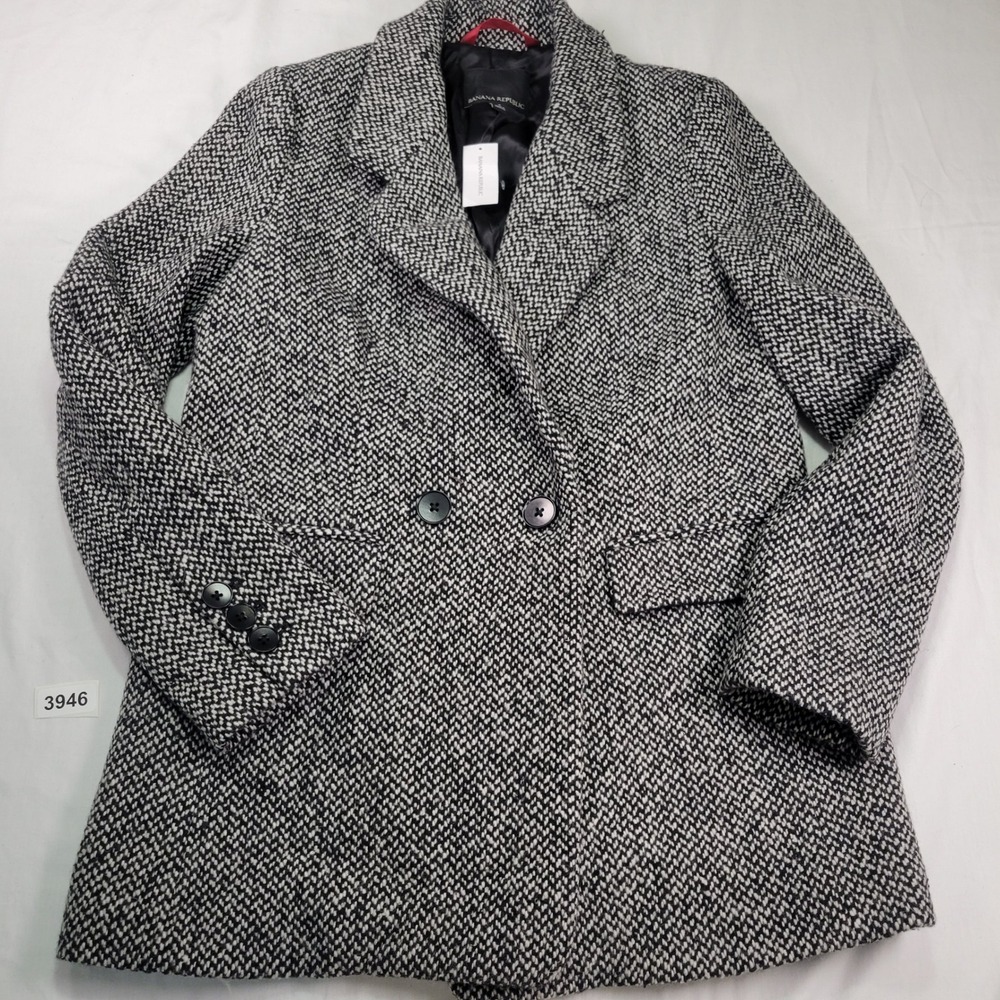 Banana Republic Women Sz 4 Black Tweed Wool Blend Jacket Blazer Double Breasted